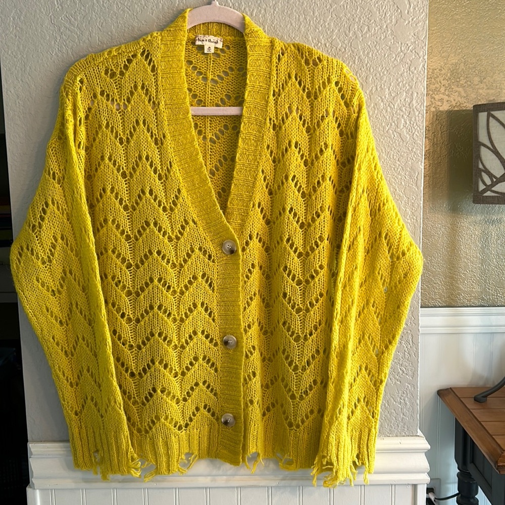 Cute sunflower yellow 🌻cardigan sweater with raw edges the arms and hem. Size M